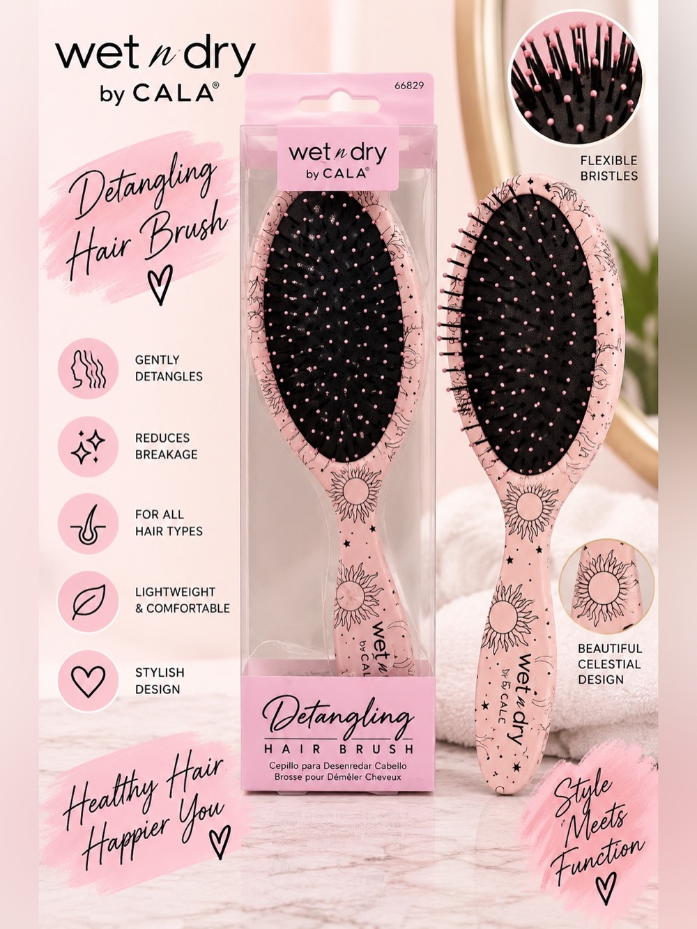 CALA Wet n Dry Detangling Hair Brush – Pink Celestial Design